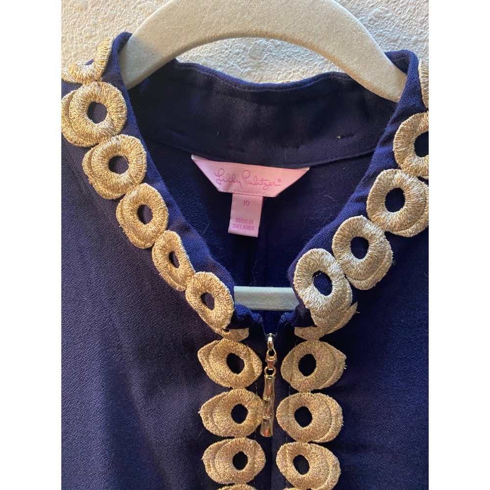 Lilly Pulitzer Navy Blue Gold Soutache Zip Front Shift Dress Womens 10 - Picture 4 of 10